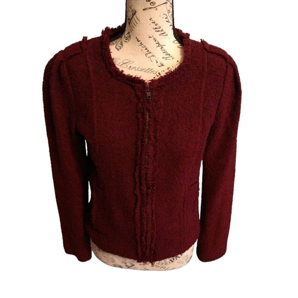 CABI wool Fringed Coat Sz 6 Plum Officey Boho Classic Y2k